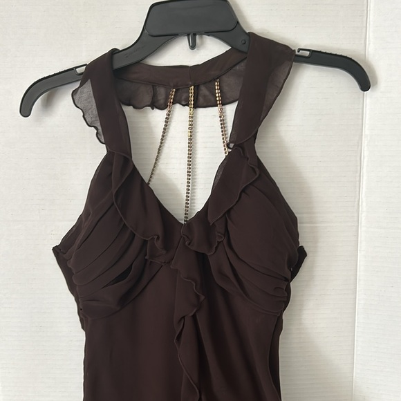 Brown cocktail dress with sparkle beads on back, ruffle neck front Junior Small - Picture 1 of 9